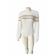 Veronica Beard Georgiana Crewneck Open-Stitch Inset Sweater White Gold XS
