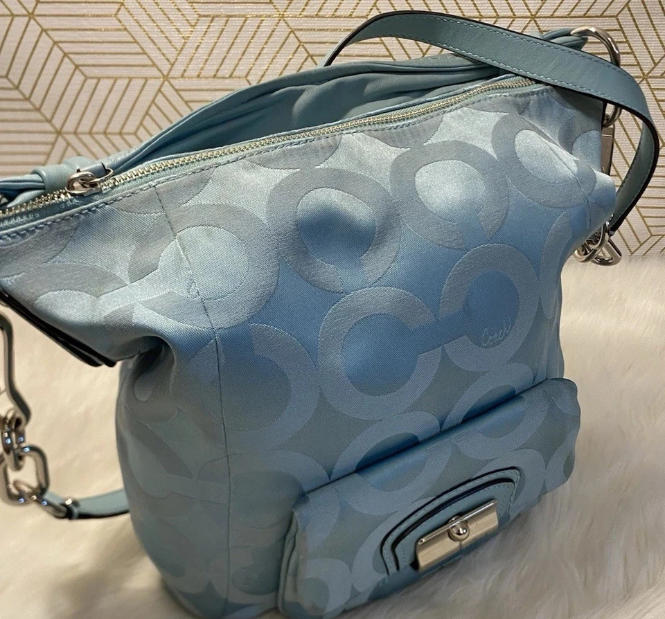 Coach Purse Turquoise Blue Sateen & Leather Large Hobo Crossbody Bag # 14753   - Image 3 of 4