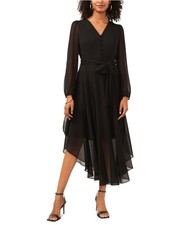 Vince Camuto Womens Handkerchief Gauze Belted Maxi Dress, Black, Medium