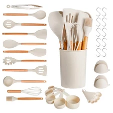 34Pcs Silicone Kitchen Utensil Set Holder Wooden Handle Nonstick Cookware Safe