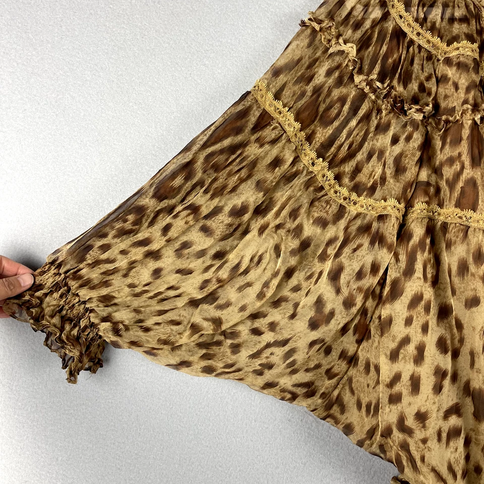 Sundance Leopard Silk Top Womens Large Tan Dolman Sleeve Smocked Sheer Lace Boho - Image 4 of 4