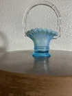 Beautiful Fenton Blue Forget Me Not Opalescent Small Basket With Ruffled Rim