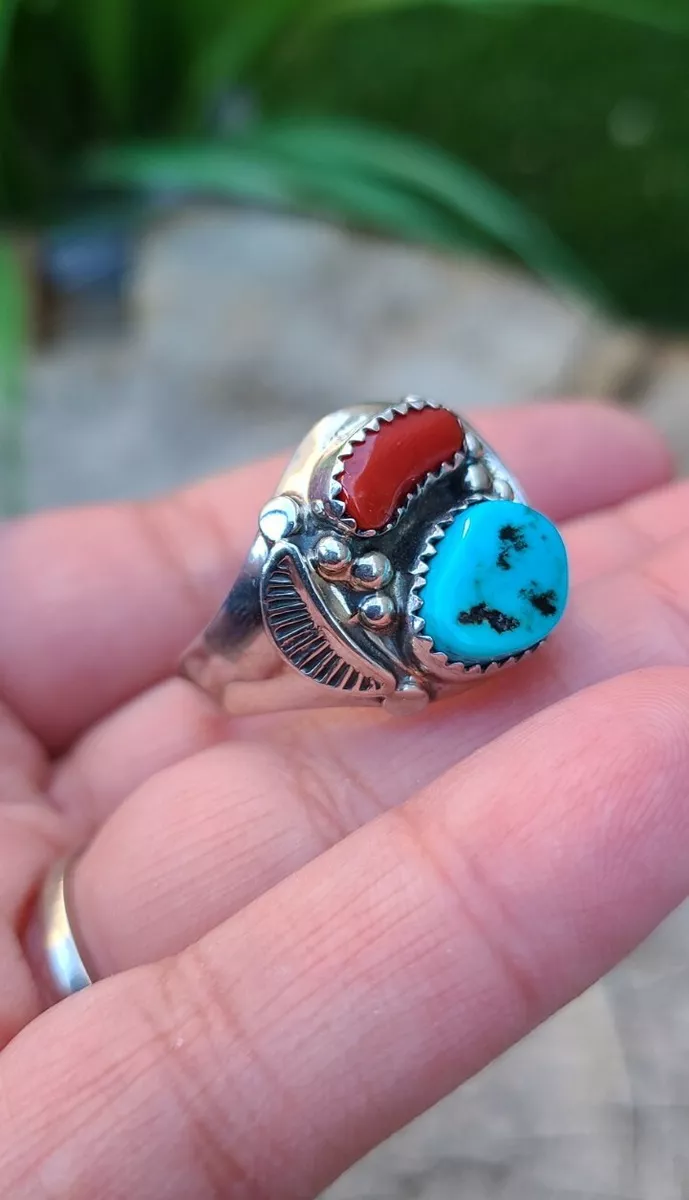 Native American Sterling Silver Turquoise Coral Men s Ring signed Abel Sz 12.75