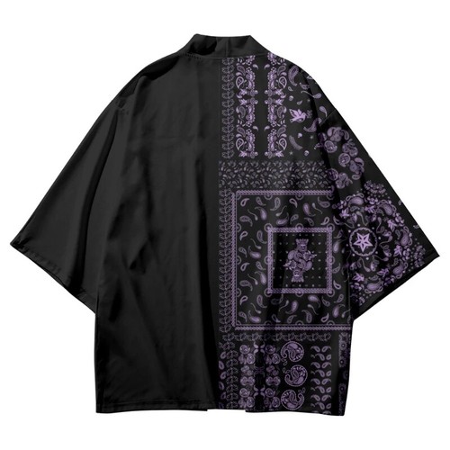 Camicia Viola Stampa Paisley Patchwork Tradizionale Haori Cosplay Kimono Donna Uomo - Foto 7 di 8