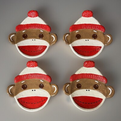 Set of 4- Red Knit Hat Sock Monkey Appetizer Salad Plates 6  - New!