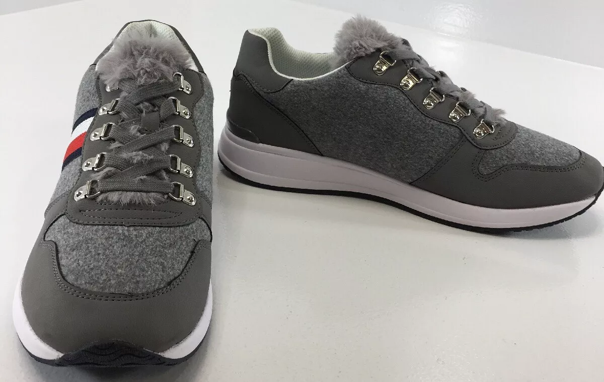 Tommy Hilfiger Womens Riplee Faux Fur Trim Sneakers Grey Size US 10M NEW