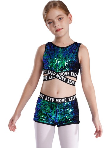 Kids Girls Stage Show Modern Jazz Hip-Hop Dancewear Tops with Bottoms Outfits - Picture 9 of 68