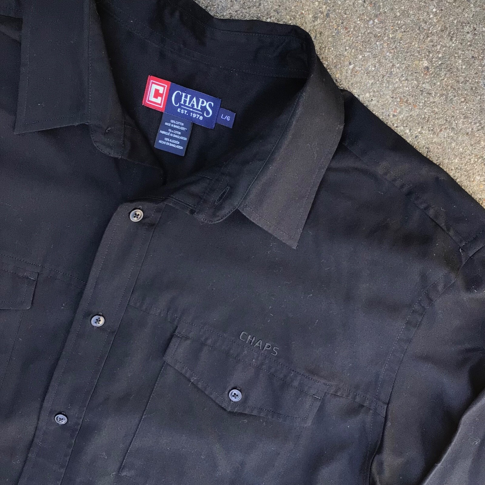 Chaps Button Up Shirt Solid Black Cotton Flap Poc… - image 5