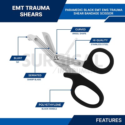 7.25" Paramedic EMT Trauma Shears Scissors - Black Finish (Tan Option)