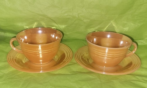 2 Sets Fire King Peach Lustre Cups And Saucers - Picture 2 of 14