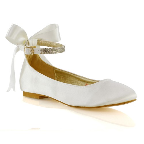 Womens Flat Bridal Shoes Bow Diamante Ankle Strap Ladies Satin Ballet Pumps 3-9 - Picture 26 of 41