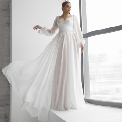 Chiffon Wedding Dresses Sweetheart Puff Sleeves Lace A Line Bride Gown Plus  Size | eBay