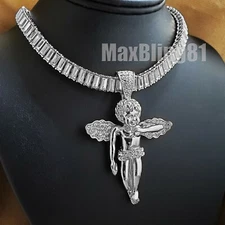 Hip Hop Silver Baby Angel Pendant 18" 20" 24" Iced Baguette Chain Bling Necklace