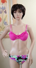 CALIFORNIA WAVES pink crochet style strap swim top  black floral tab bottom,M