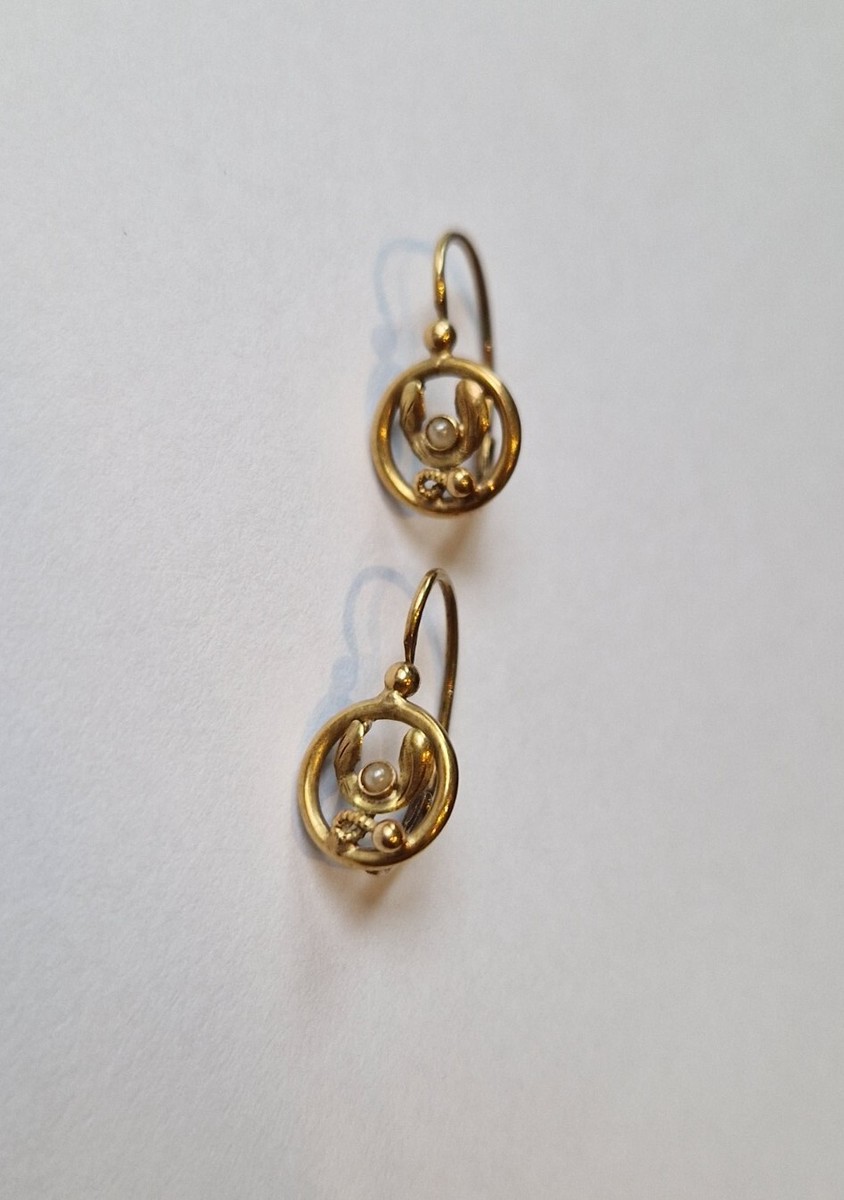 Boucles D'oreilles Dormeuses Anciennes - Or 18 Carats, Perles, Style Art Nouveau, Poids 0,88gr, Occasion
