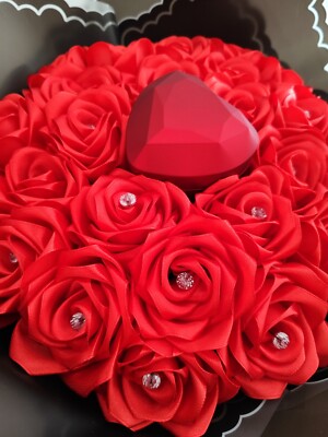 Red Roses Gift Eternal Bouquet of Flowers, LED Jewellery Box, Handmade Satin 