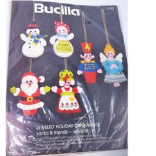 Vintage Bucilla Jeweled Holiday Ornaments Santa And Friends Set of 6 New 3590