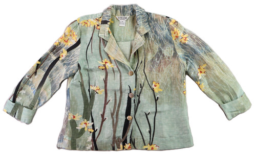 CITRON Santa Monica Women’s M Mint Silk Linen Floral ¾ Sleeve Button Jacket Top