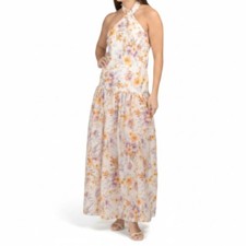 AQUA BLU Maxi Drop Waist Lilas Dress M White Floral Halter Cotton Silk Backless