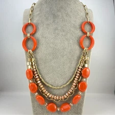 Multi-Strand Statement Necklace with Orange Beads and Gold Chains