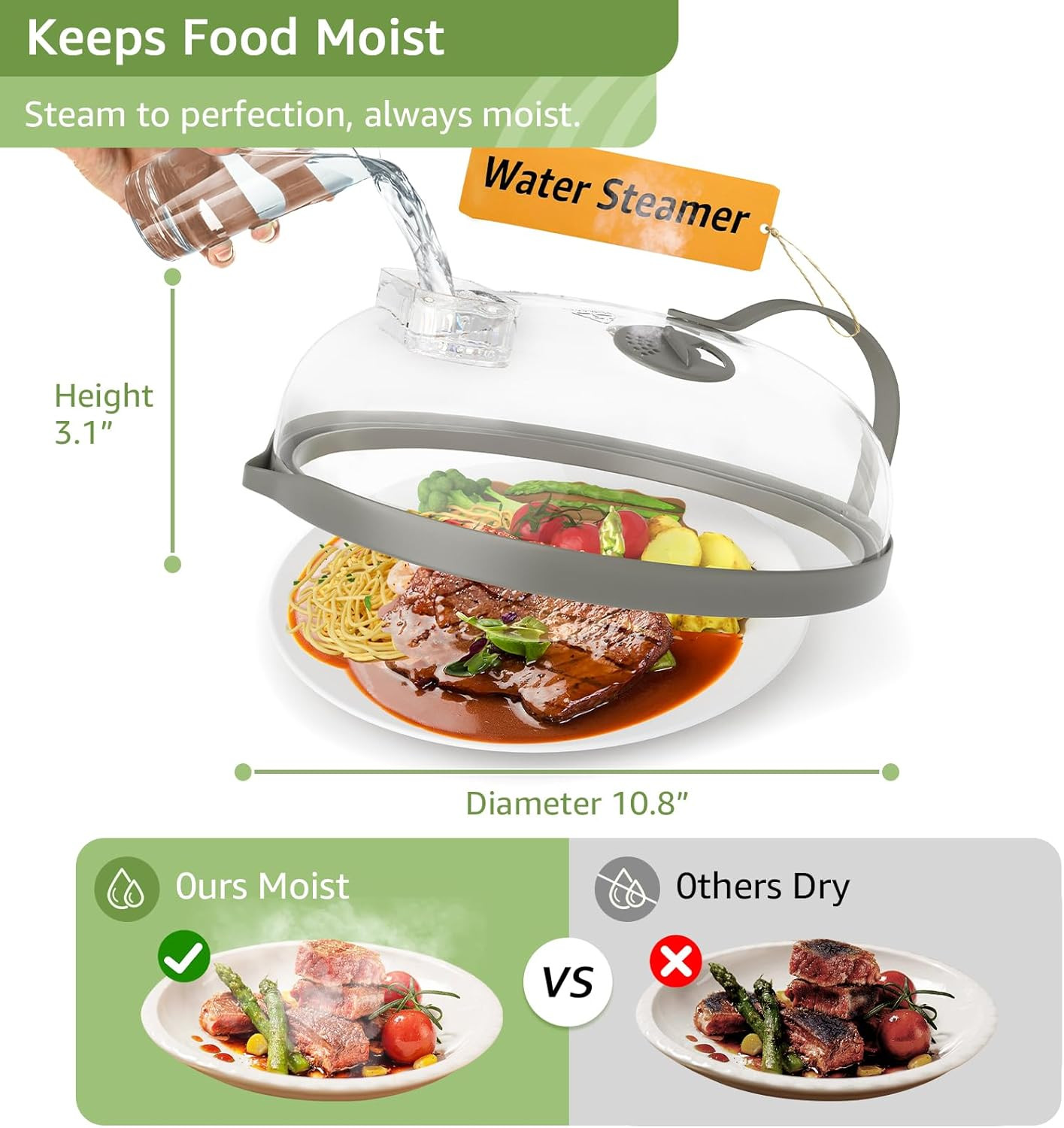 Microwave Splatter Cover with Water Steamer for Food - 10 Inch Steam Microwave S
