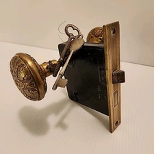 Antique Interior Mortise Door Lock & Ornate Brass Knobs by Russwin w/ Keys