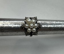 Vintage 925 Sterling Silver Pearl Cluster Ring With Blue Stones/ Size 6.25