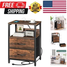 Nightstand with Charging Station, Small Night Stand with Fabric Drawers and S...