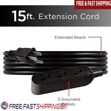 15ft Heavy Duty Extension Cord 3 Outlet Power Strip Grounded Indoor Outdoor Use