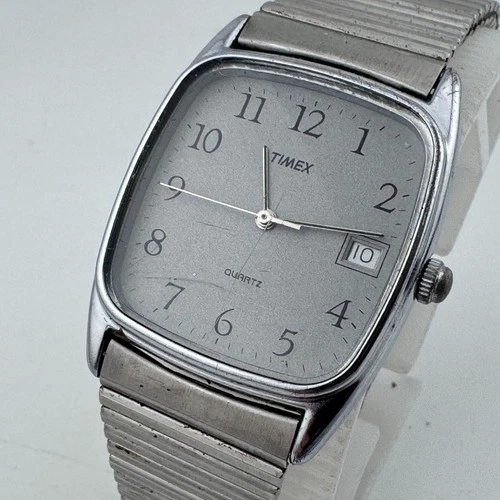 Vintage Timex Quartz Watch Men Silver Barrel Date Stretch Analog New Battery