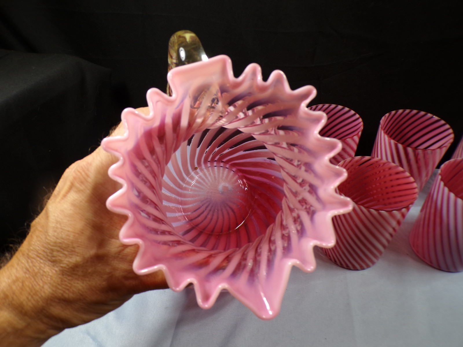 Northwood Cranberry Opalescent Swirl Spiral Optic Water Set Pitcher & 6 Tumblers