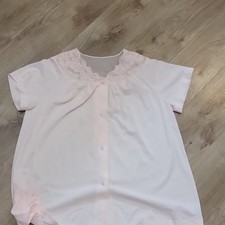Vintage Pink Solid Short Sleeve Button-Front Night shirt Lace Yoke Embroidered