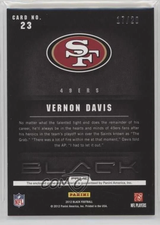 2012 Panini Black NFL Equipment Combo Prime /20 Vernon Davis #23 - Image 2 of 2