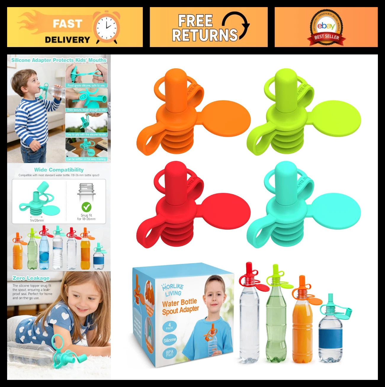 Silicone Baby Water Bottle Spout Adapter for Toddlers - No Spill, BPA Free, 4 Pa