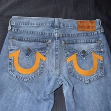 True Religion Men's Ricky Flap Jeans 36x32 Blue, Relaxed Straight Leg, Denim