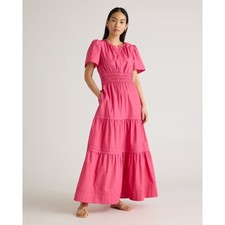 Quince Pink Organic Cotton Poplin Smocked Tiered Maxi Dress Puff Sleeve Small