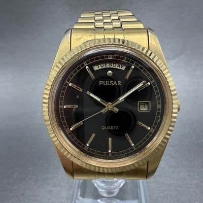 Seiko Pulsar President Watch Men 35mm Black dial Gold Tone Daydate New Battery