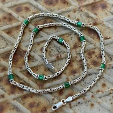 Solid Silver Gemstone Byzantine Chain, 5MM Round Emerald Stone Bali Necklace