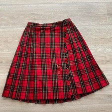 KGR Vintage Red Plaid Pleated Wool Midi Skirt with Safety Pin Women's 8 Twee Alt