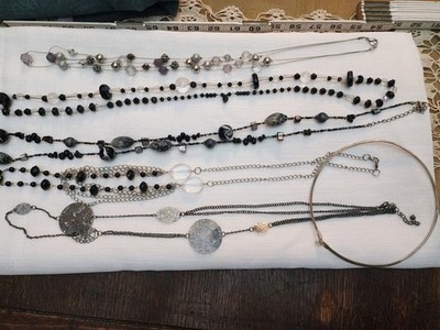 Lot of 3 Vintage Black Silver Crystal Beaded Fashion Necklaces Statement Jewelry