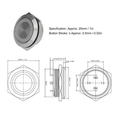 5x Momentary Push Button Schalter Auto Reset Mit LED 25mm DC12 ~ 24V Blanc