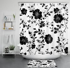 Botanical Leaf Black and White Floral Shower Curtain Set for Bathroom Decor