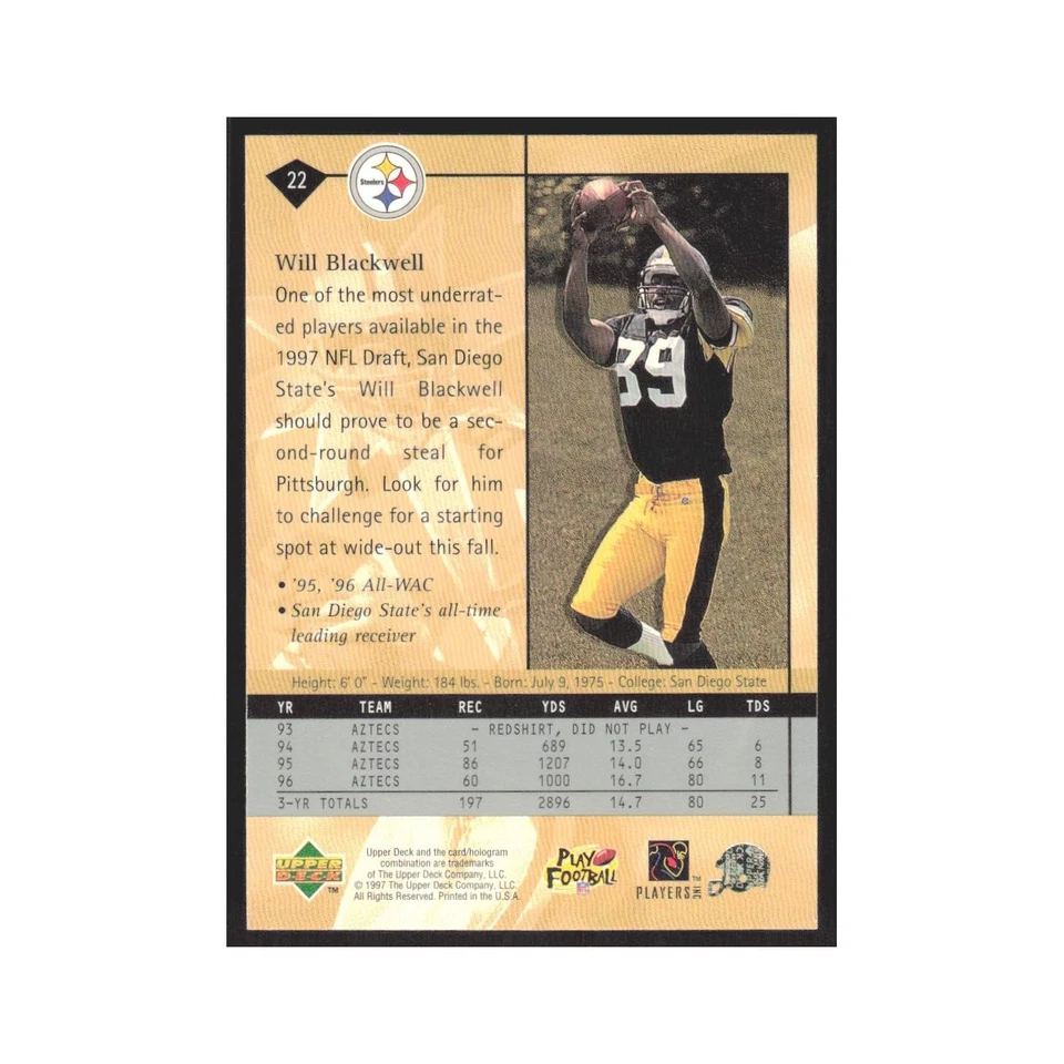 1997 Upper Deck Will Blackwell RC Steelers #22 - Image 2 of 3