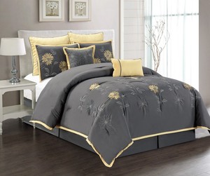 7pc King Size Comforter Set Embroidered Gray Yellow Sunflower Bed