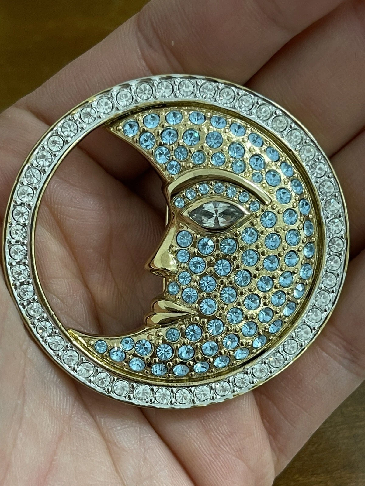 Broche Lune Vintage Bleu Clair Bijoux Fantaisie