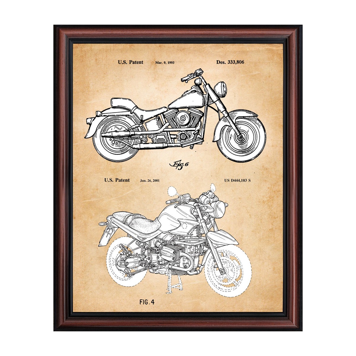 Harley Davidson Decor 1993 &2001 Framed Motorcycle Patent Print