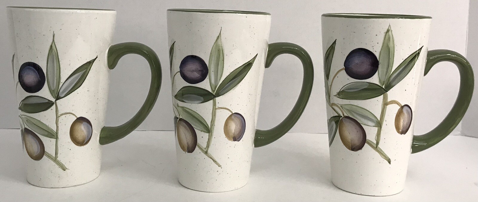 Pier 1 Sorrento Earthenware Tall Coffee Mugs x 3 White Green Purple Olives READ