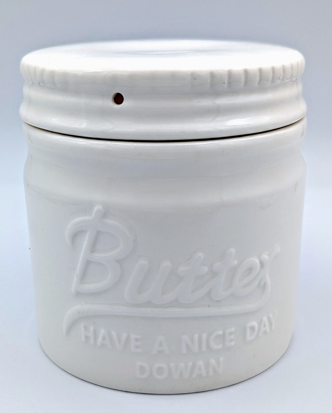 French Butter Bell Crock in Mason White with Embossed Have a Nice Day Design by Dowan
