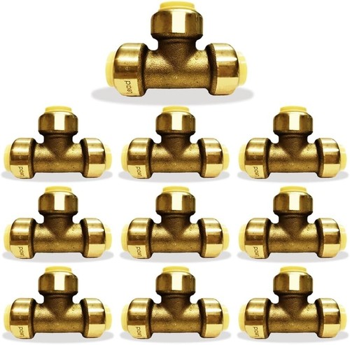 Push-Fit Fitting 1/2" Tee Brass to Connect Plumbing PEX, Copper, CPVC Pack of 10