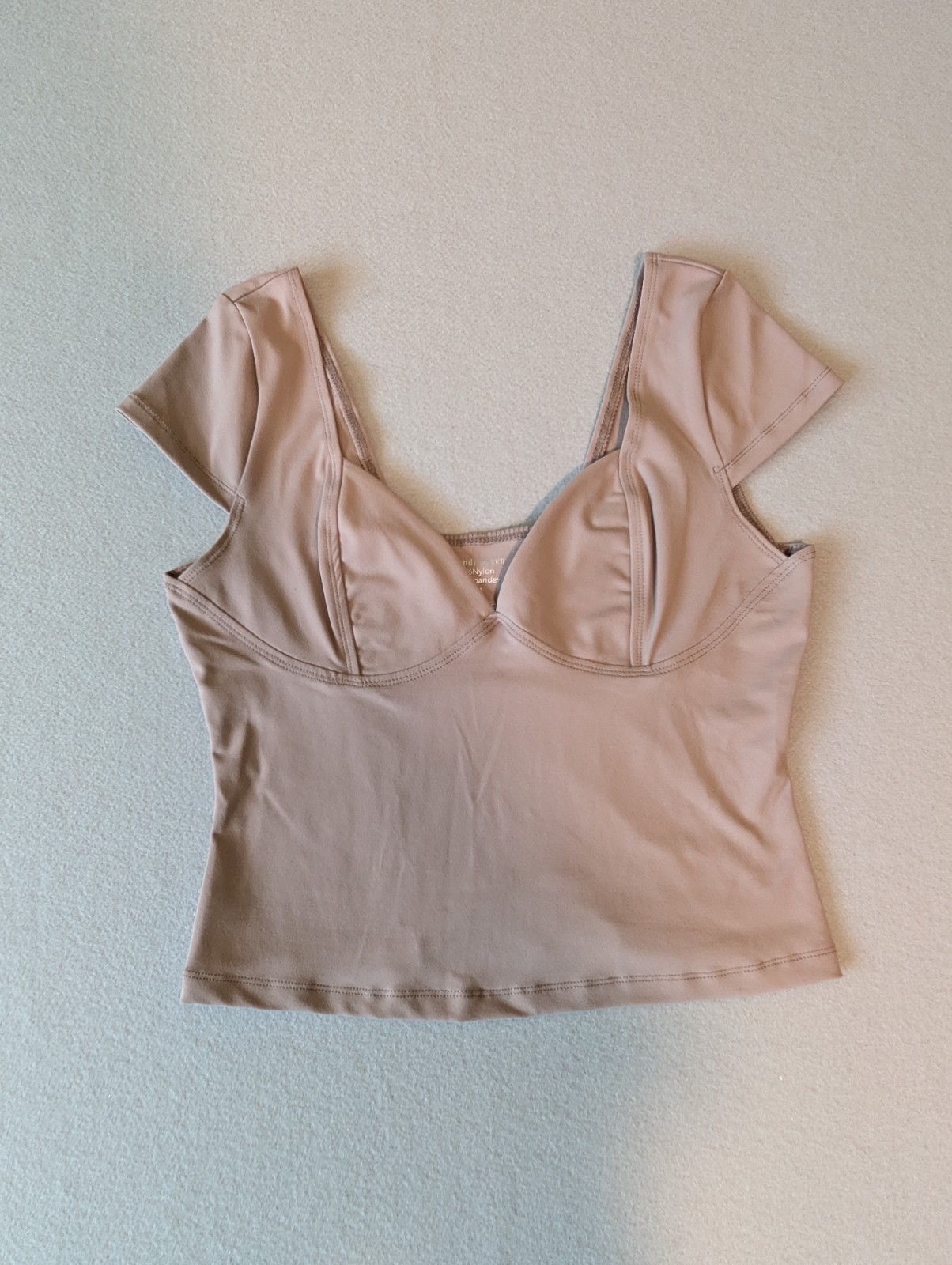 Neutral Cream Dusty Rose Cap Short Sleeve Contour Crop Top Bustier Style Shirt image 4
